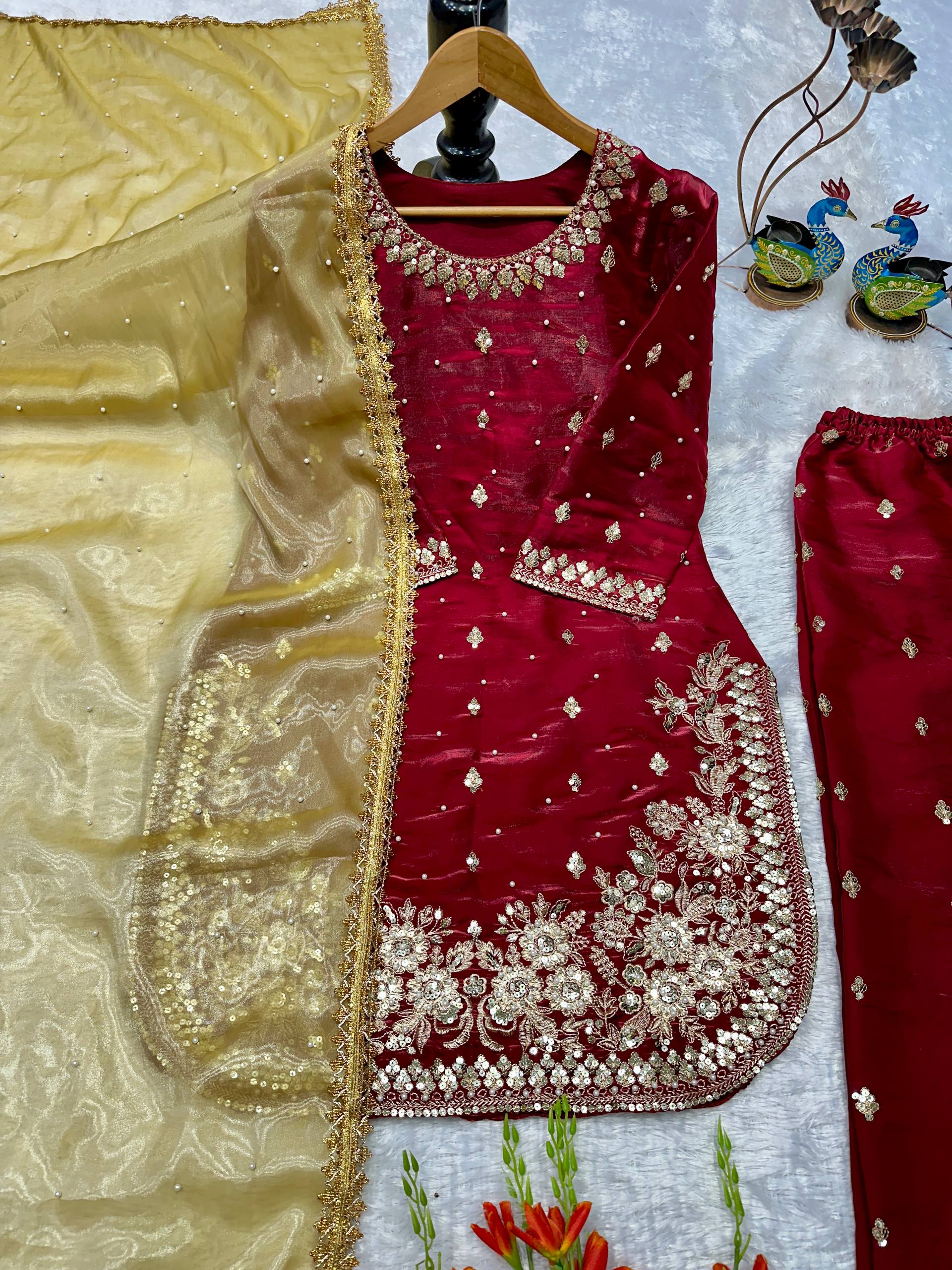 Editorial Deep Maroon Contrast-Drape Set